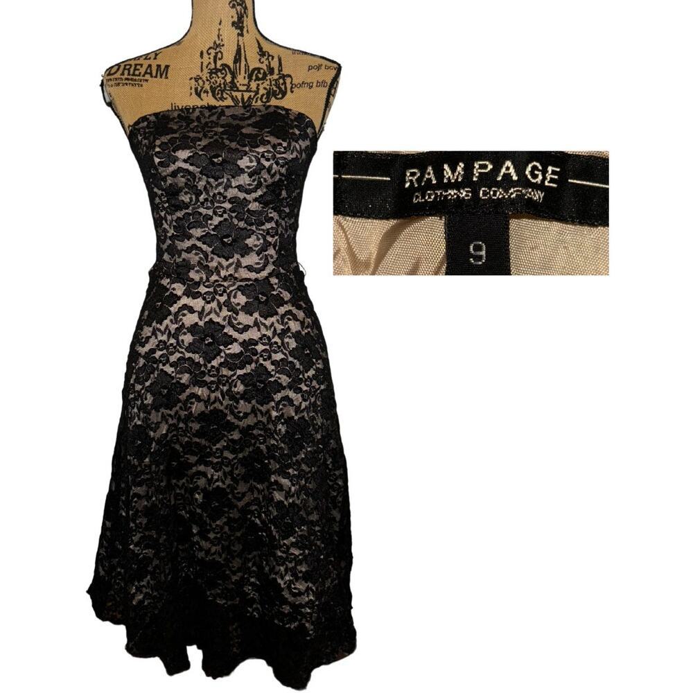 90s Rampage Strapless Lace Midi Dress Black Champagne Size 9 Vintage Formal